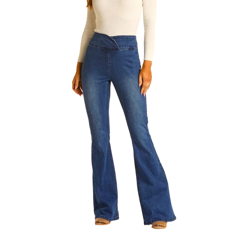 Rock & Roll Denim Pull On Scalloped Waist High Rise Flares- 29 x 34
